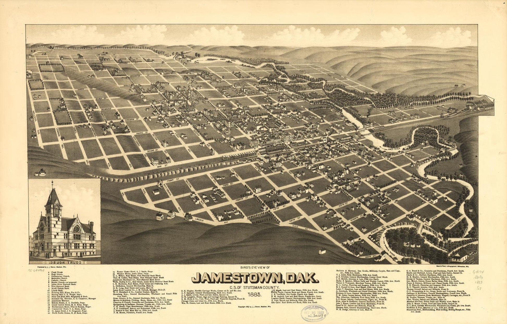 Bird's eye view of Jamestown, Dak., c.s. of Stutsman County 1883. (1883) – Historic Bird’s-Eye View Panorama Print