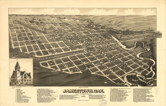 Bird's eye view of Jamestown, Dak., c.s. of Stutsman County 1883. (1883) – Historic Bird’s-Eye View Panorama Print