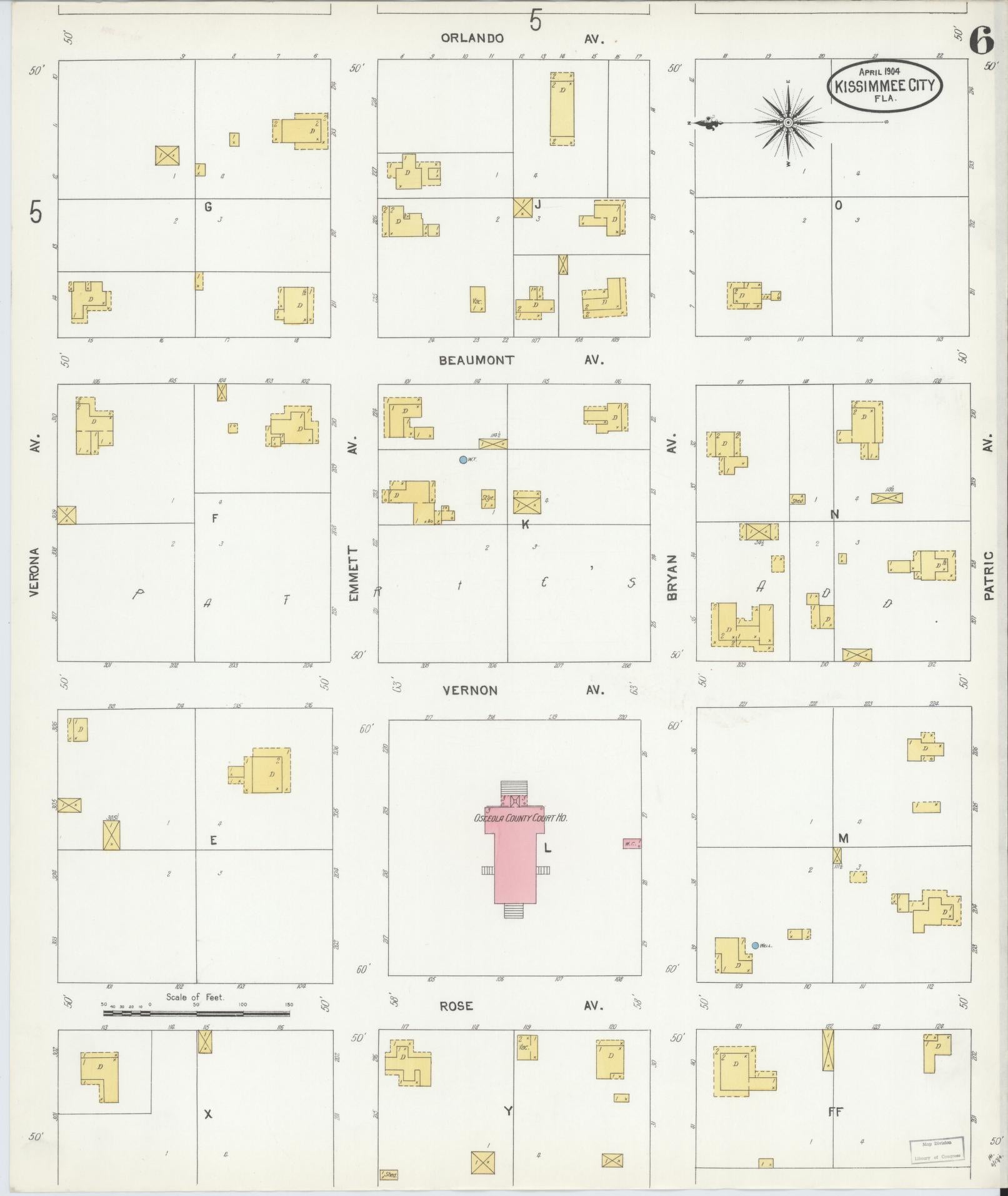 Sanborn Fire Insurance Map from Kissimmee, Osceola County, Florida (1904), Sheet #0006 - Complete Map Set gallery image, historic Sanborn map, vintage wall art, Florida Florida