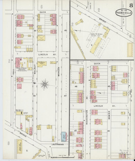 Sanborn Fire Insurance Map from Phoenixville, Chester County, Pennsylvania (1894), Sheet #0008 - Historic Sanborn Fire Insurance Map Print, vintage old map wall art, antique decor, genealogy gift, Pennsylvania Pennsylvania map
