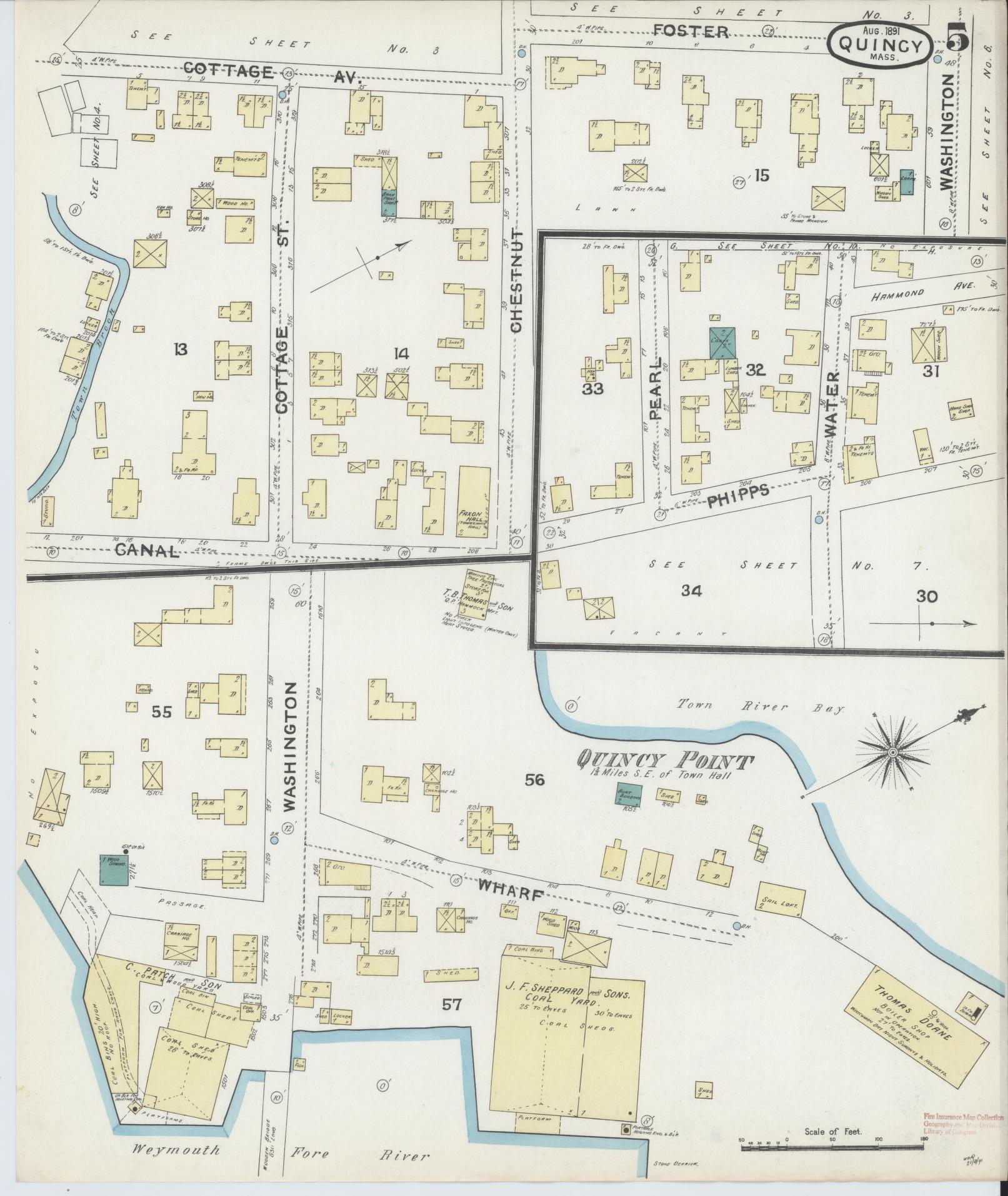 Sanborn Fire Insurance Map from Quincy, Norfolk County, Massachusetts (1891), Sheet #0005 - Historic Sanborn Fire Insurance Map Print, vintage old map wall art, antique decor, genealogy gift, Massachusetts Massachusetts map
