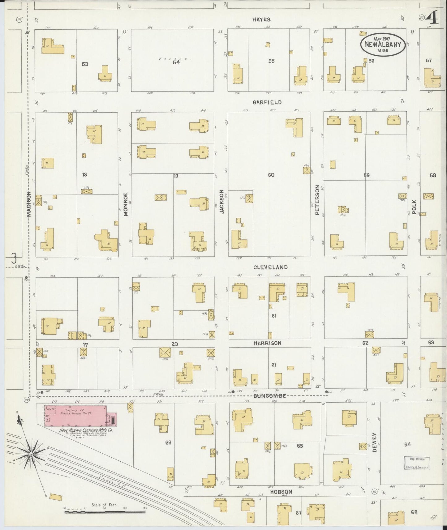 Sanborn Fire Insurance Map from New Albany, Union County, Mississippi (1907), Sheet #0004 - Complete Map Set gallery image, historic Sanborn map, vintage wall art, Mississippi Mississippi