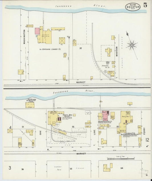 Sanborn Fire Insurance Map from Decatur, Morgan County, Alabama (1898), Sheet #0005 - Historic Sanborn Fire Insurance Map Print, vintage old map wall art, antique decor, genealogy gift, Alabama Alabama map