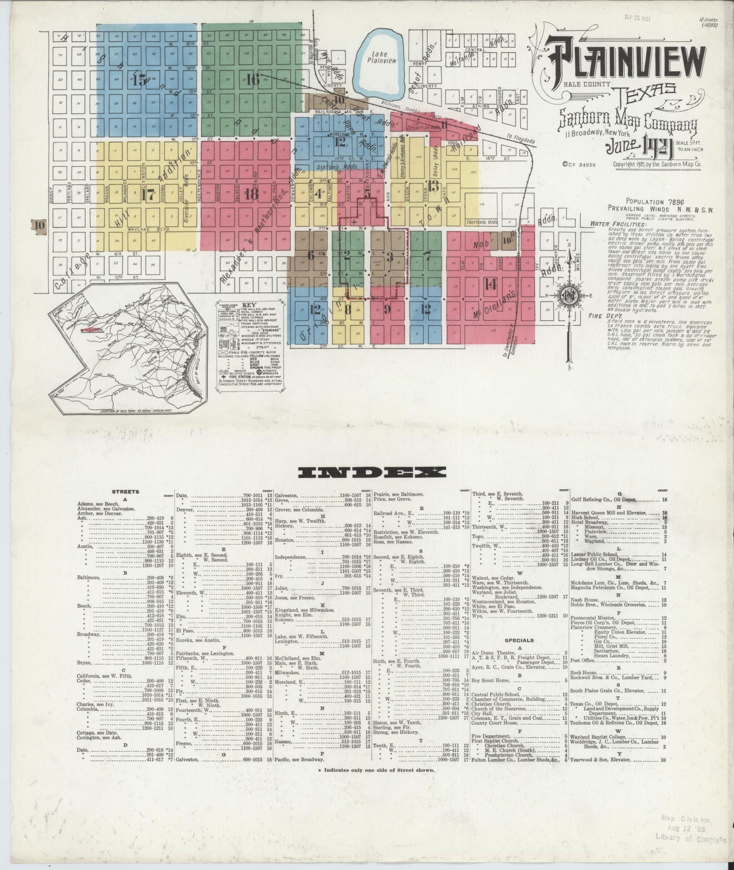 Sanborn Fire Insurance Map from Plainview, Hale County, Texas (1921), Sheet #0001 - Complete Map Set gallery image, historic Sanborn map, vintage wall art, Texas Texas