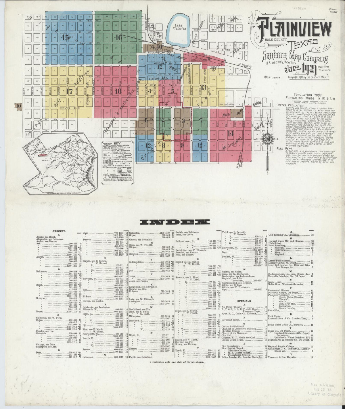 Sanborn Fire Insurance Map from Plainview, Hale County, Texas (1921), Sheet #0001 - Complete Map Set gallery image, historic Sanborn map, vintage wall art, Texas Texas