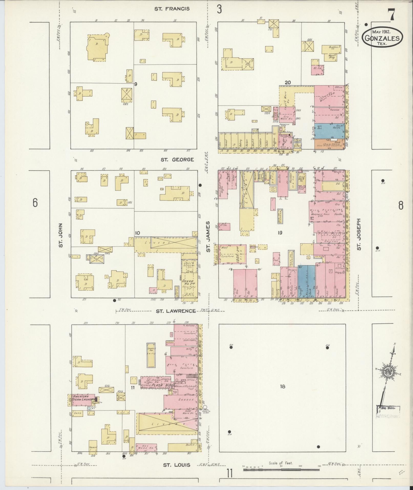 Sanborn Fire Insurance Map from Gonzales, Gonzales County, Texas (1912), Sheet #0007 - Complete Map Set gallery image, historic Sanborn map, vintage wall art, Texas Texas