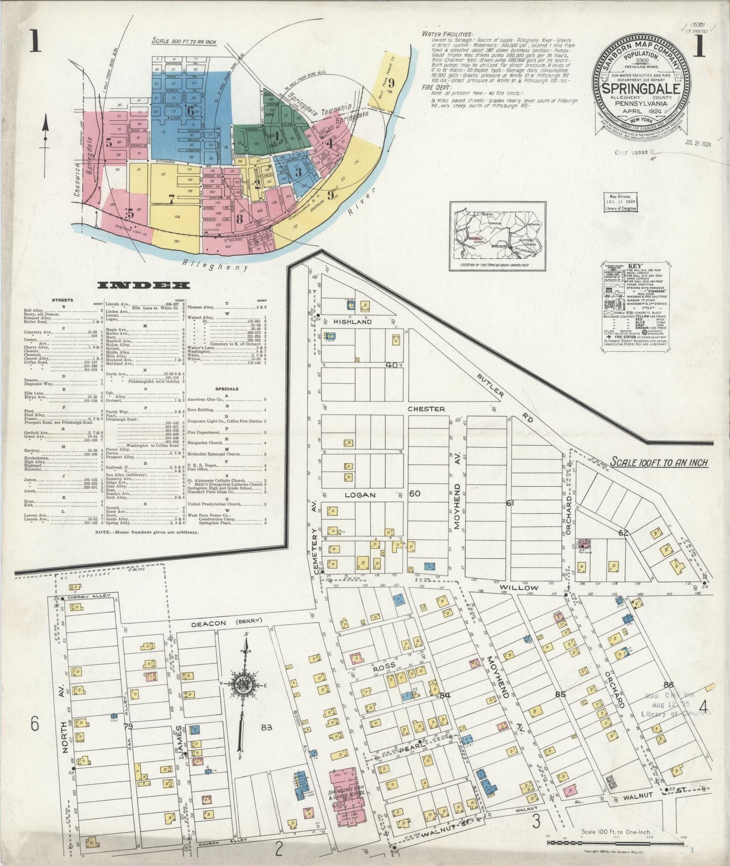 Sanborn Fire Insurance Map from Springdale, Allegheny County, Pennsylvania (1924), Sheet #0001 - Historic Sanborn Fire Insurance Map Print, vintage old map wall art, antique decor, genealogy gift, Pennsylvania Pennsylvania map