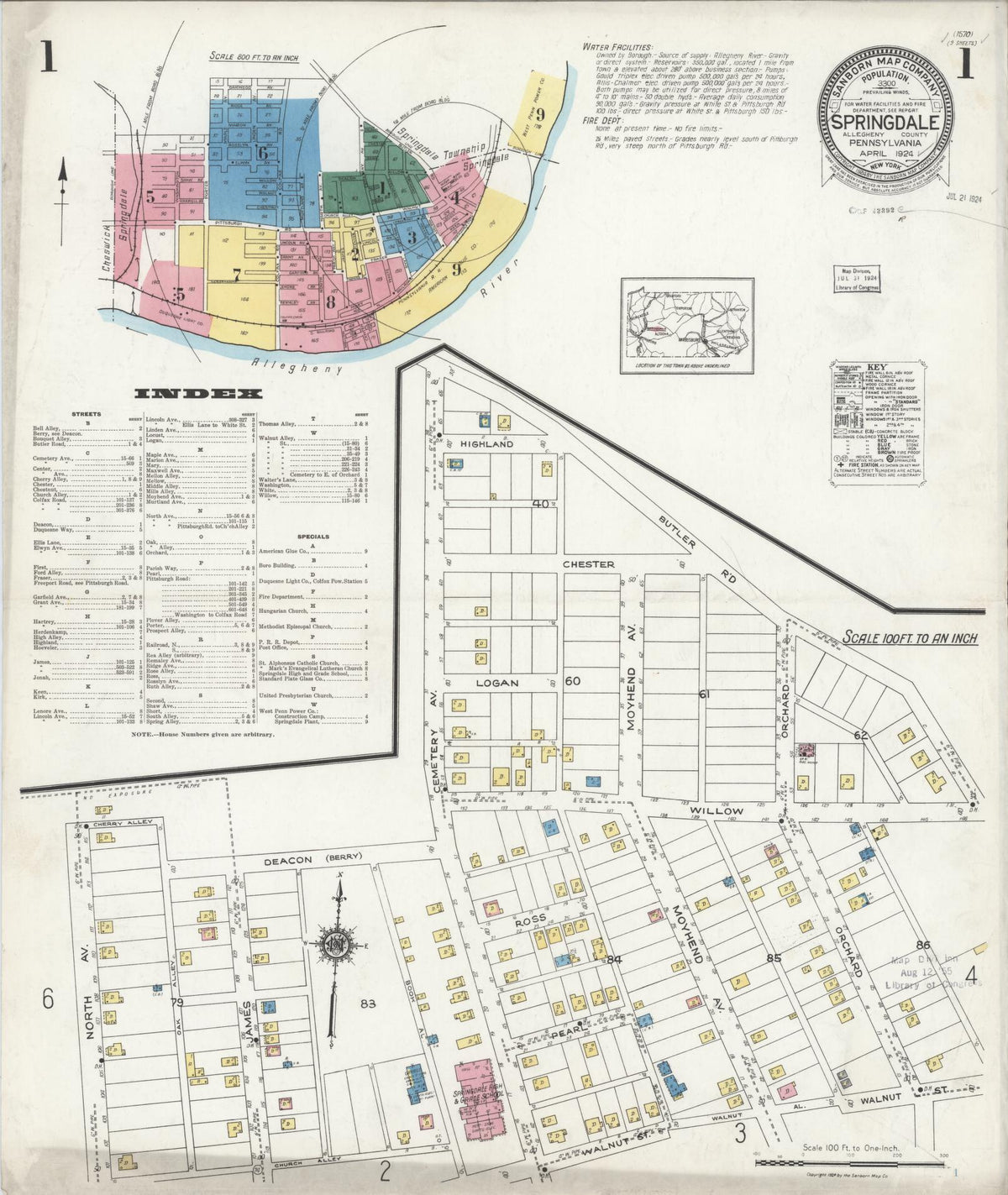 Sanborn Fire Insurance Map from Springdale, Allegheny County, Pennsylvania (1924), Sheet #0001 - Historic Sanborn Fire Insurance Map Print, vintage old map wall art, antique decor, genealogy gift, Pennsylvania Pennsylvania map