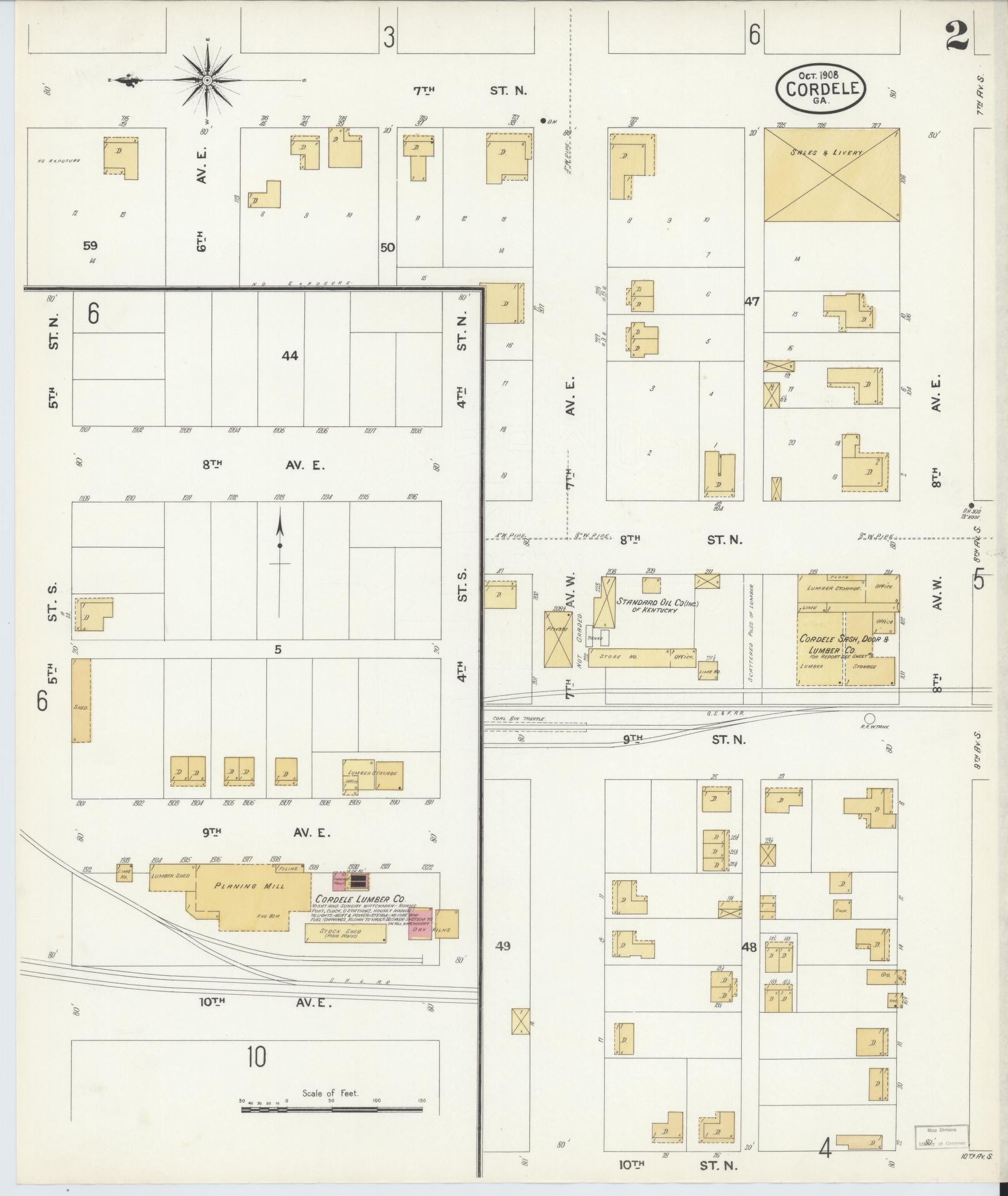 Sanborn Fire Insurance Map from Cordele, Crisp County, Georgia (1908), Sheet #0002 - Historic Sanborn Fire Insurance Map Print, vintage old map wall art, antique decor, genealogy gift, Georgia Georgia map