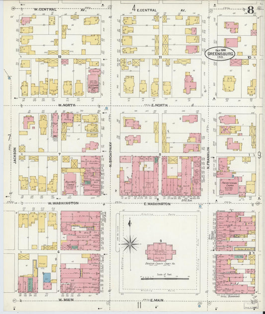 Sanborn Fire Insurance Map from Greensburg, Decatur County, Indiana (1906), Sheet #0008 - Historic Sanborn Fire Insurance Map Print, vintage old map wall art, antique decor, genealogy gift, Indiana Indiana map