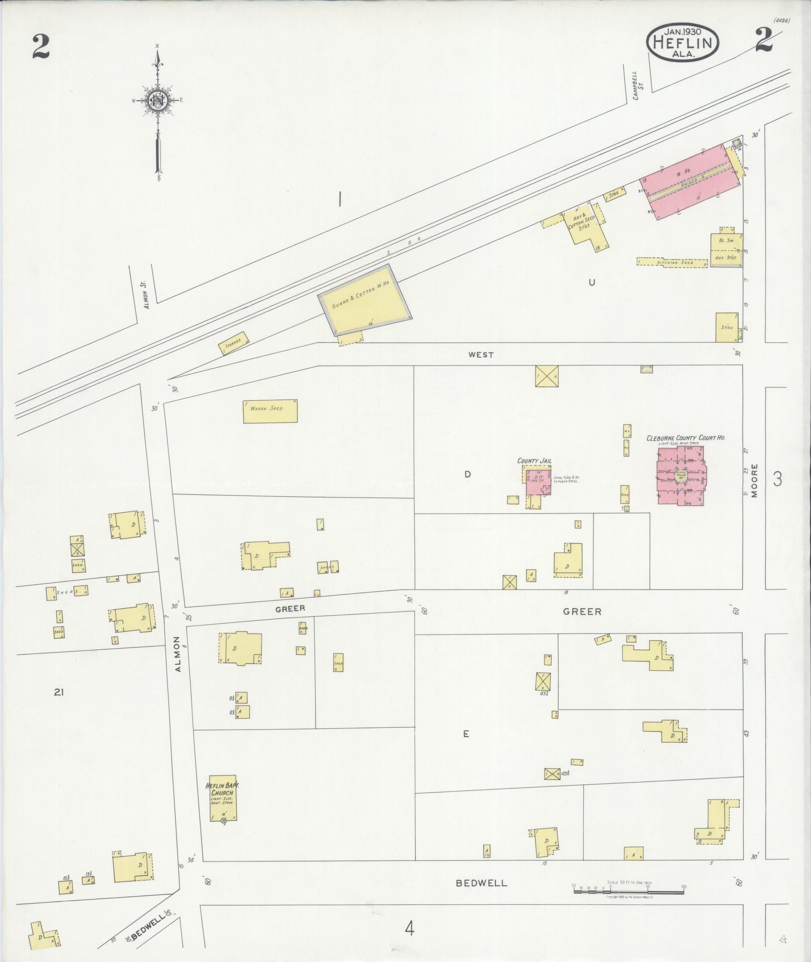 Sanborn Fire Insurance Map from Heflin, Cleburne County, Alabama (1930), Sheet #0002 - Historic Sanborn Fire Insurance Map Print, vintage old map wall art, antique decor, genealogy gift, Alabama Alabama map