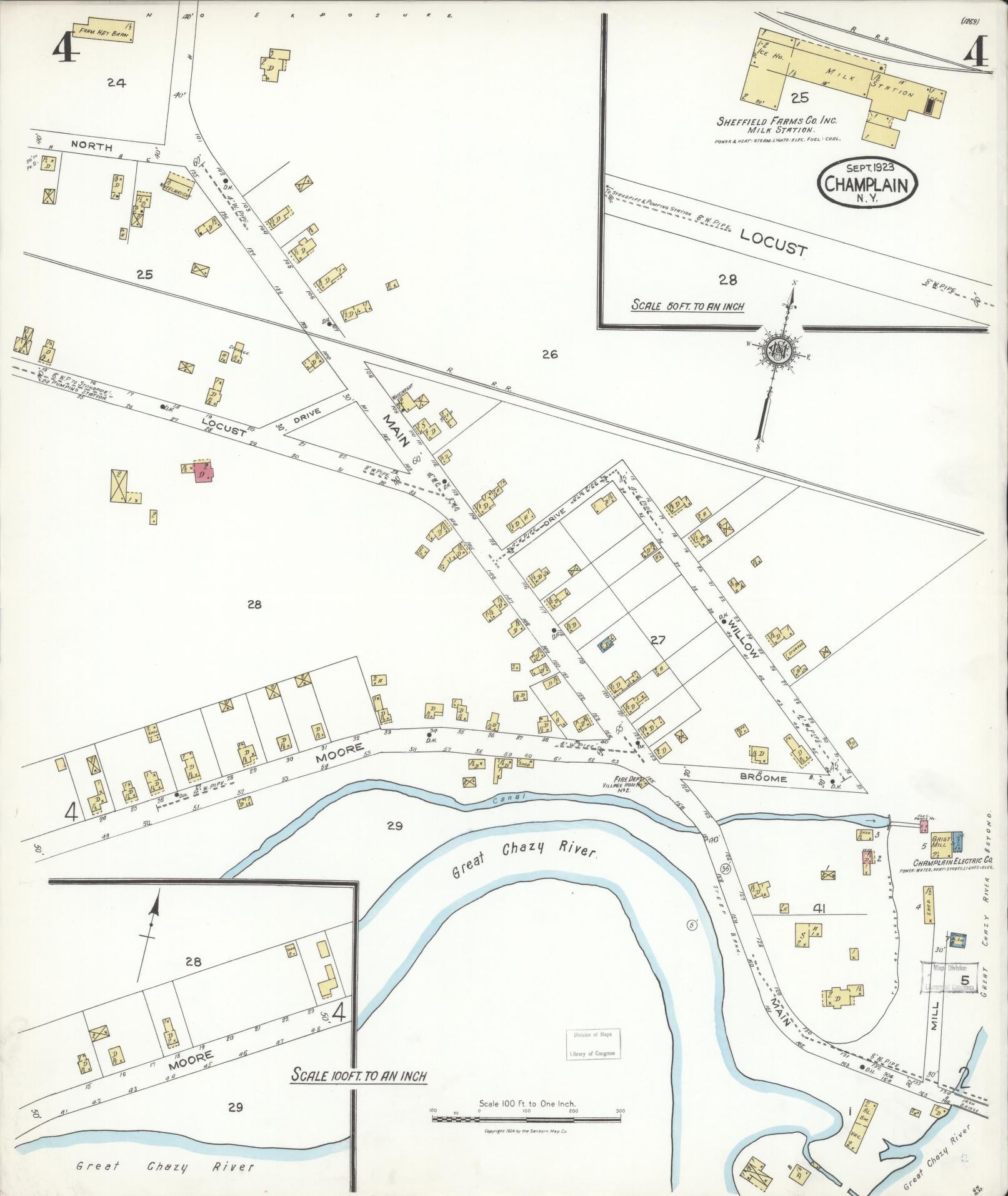 Sanborn Fire Insurance Map from Champlain, Clinton County, New York (1923), Sheet #0004 - Historic Sanborn Fire Insurance Map Print, vintage old map wall art, antique decor, genealogy gift, New York New York map
