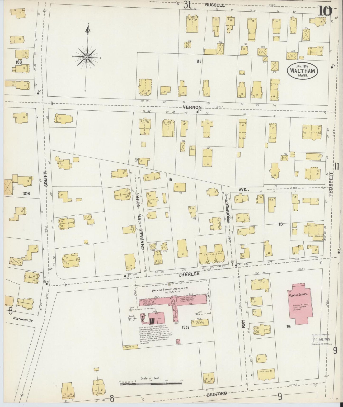 Sanborn Fire Insurance Map from Waltham, Middlesex County, Massachusetts (1903), Sheet #0010 - Complete Map Set gallery image, historic Sanborn map, vintage wall art, Massachusetts Massachusetts