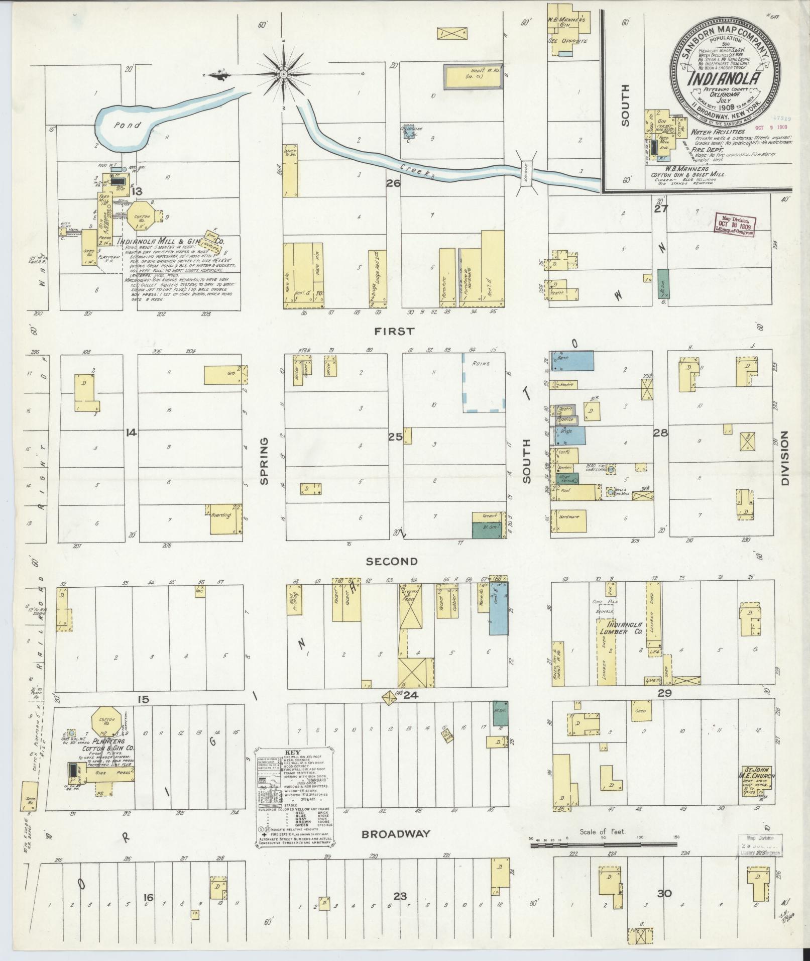 Sanborn Fire Insurance Map from Indianola, Pittsburg County, Oklahoma (1909), Sheet #0001 - Historic Sanborn Fire Insurance Map Print, vintage old map wall art, antique decor, genealogy gift, Oklahoma Oklahoma map