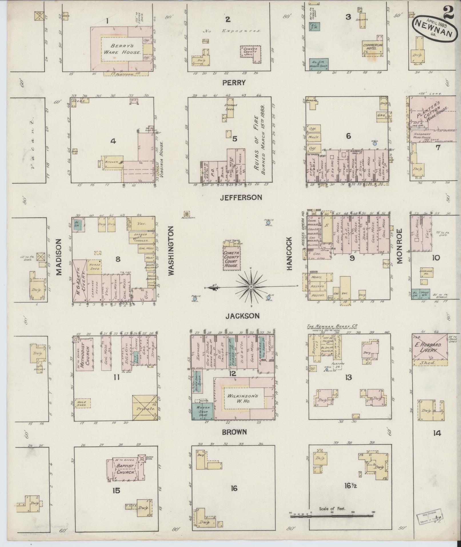 Sanborn Fire Insurance Map from Newnan, Coweta County, Georgia (1889), Sheet #0002 - Complete Map Set gallery image, historic Sanborn map, vintage wall art, Georgia Georgia