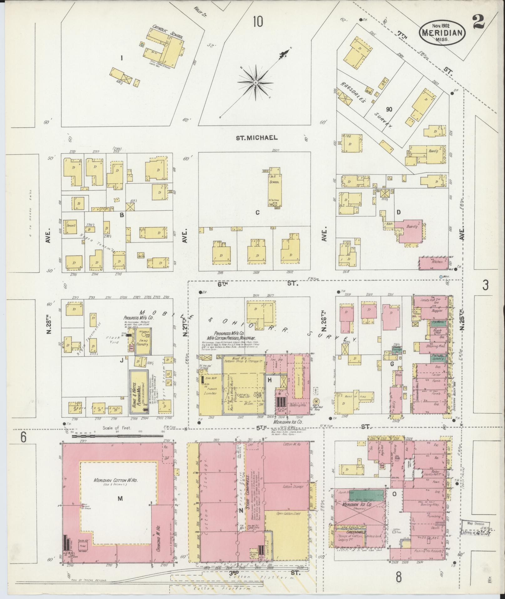Sanborn Fire Insurance Map from Meridian, Lauderdale County, Mississippi (1902), Sheet #0002 - Historic Sanborn Fire Insurance Map Print, vintage old map wall art, antique decor, genealogy gift, Mississippi Mississippi map