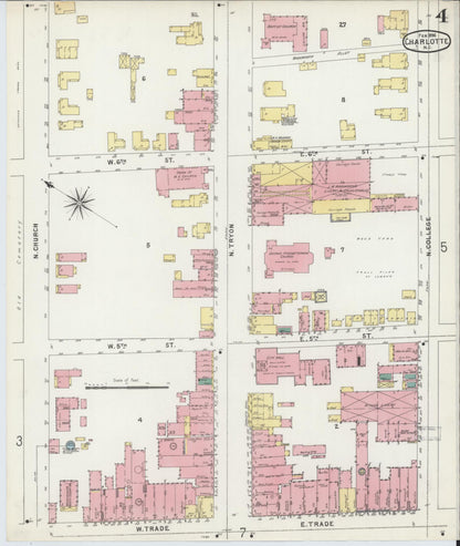 Sanborn Fire Insurance Map from Charlotte, Mecklenburg County, North Carolina (1896), Sheet #0004 - Historic Sanborn Fire Insurance Map Print, vintage old map wall art, antique decor, genealogy gift, North Carolina North Carolina map