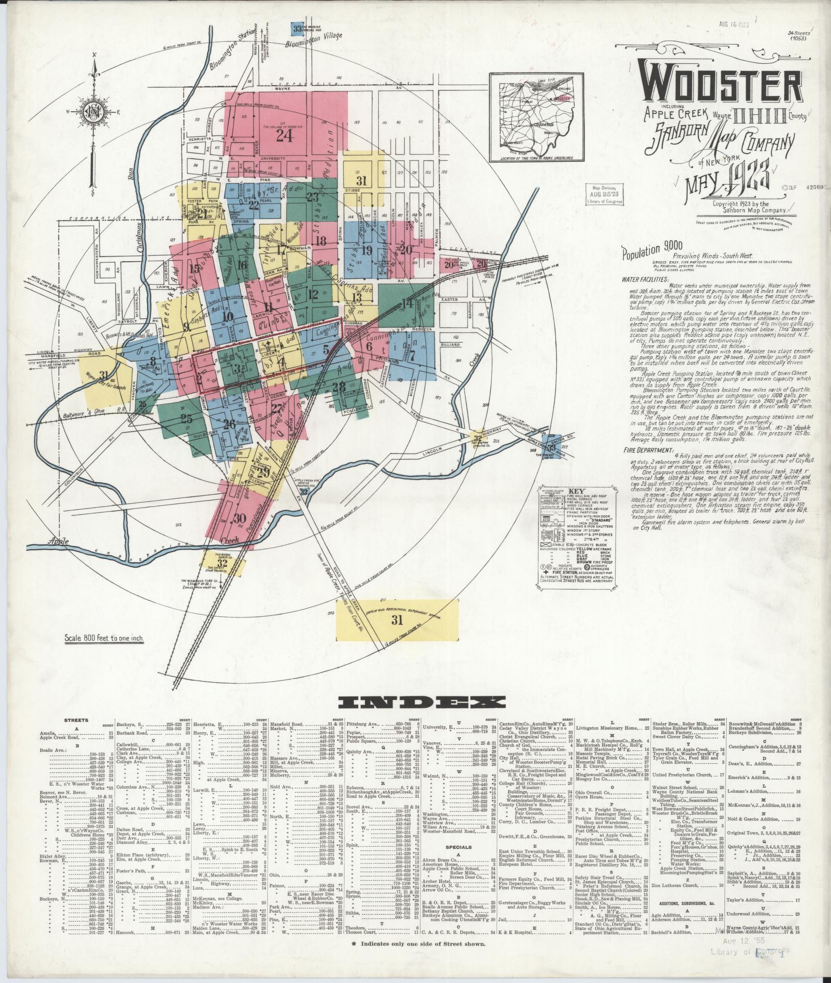 Sanborn Fire Insurance Map from Wooster, Wayne County, Ohio (1923), Sheet #0001 - Complete Map Set gallery image, historic Sanborn map, vintage wall art, Ohio Ohio
