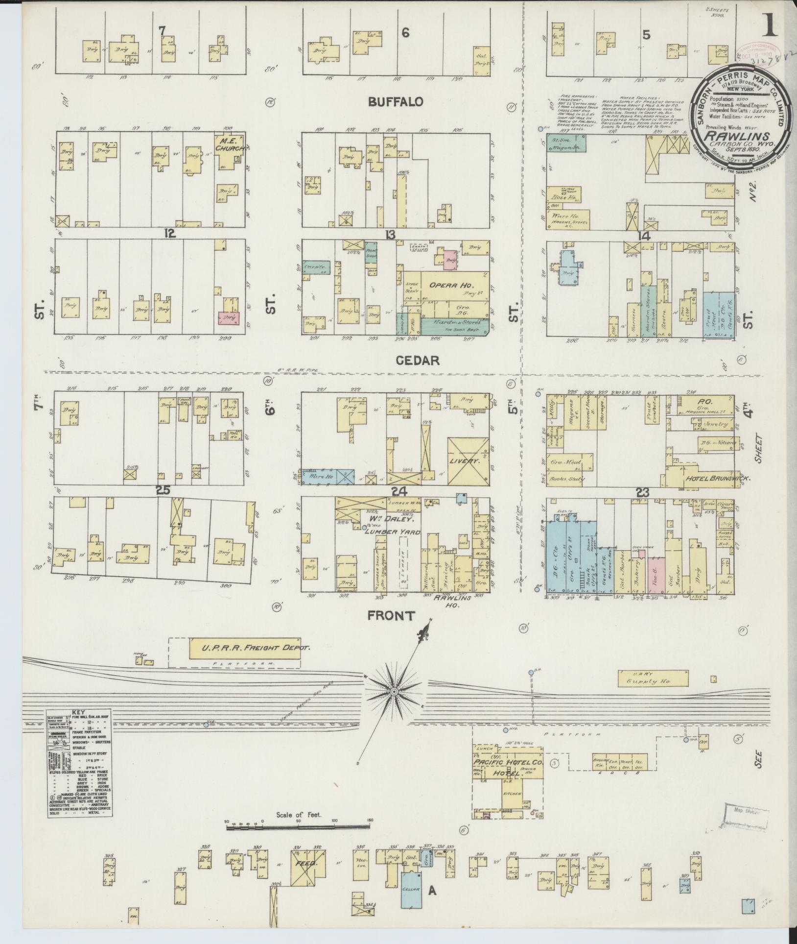 Sanborn Fire Insurance Map from Rawlins, Carbon County, Wyoming (1890), Sheet #0001 - Historic Sanborn Fire Insurance Map Print, vintage old map wall art, antique decor, genealogy gift, Wyoming Wyoming map