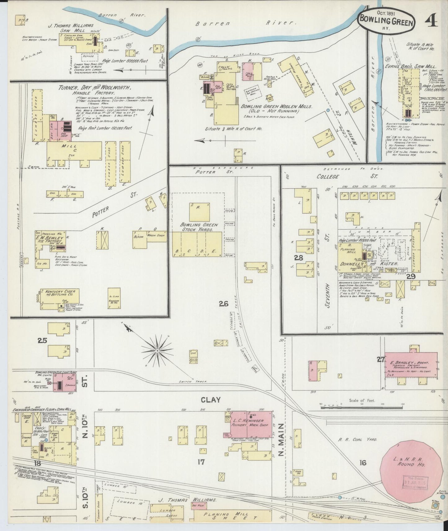 Sanborn Fire Insurance Map from Bowling Green, Warren County, Kentucky (1891), Sheet #0004 - Complete Map Set gallery image, historic Sanborn map, vintage wall art, Kentucky Kentucky