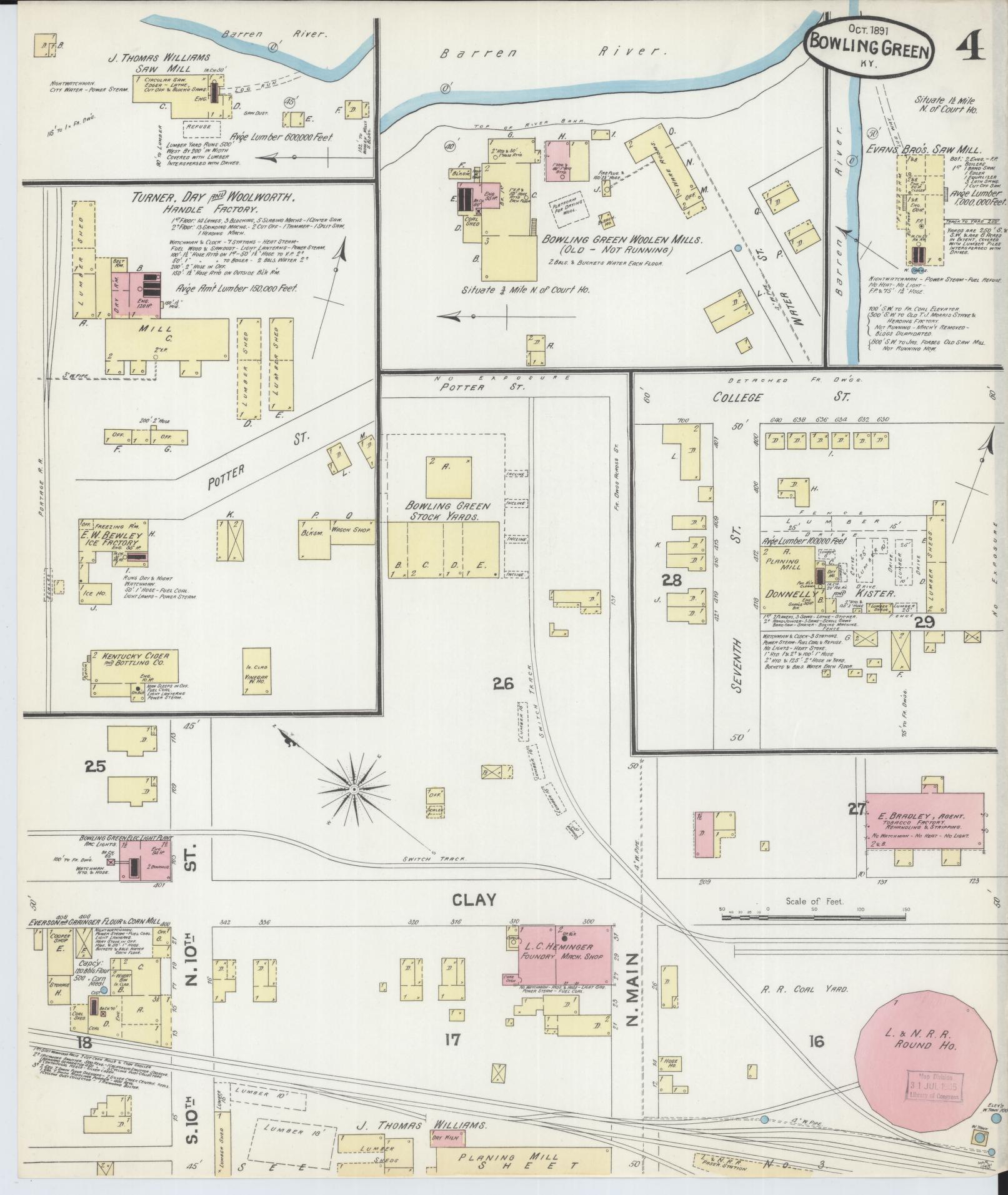 Sanborn Fire Insurance Map from Bowling Green, Warren County, Kentucky (1891), Sheet #0004 - Complete Map Set gallery image, historic Sanborn map, vintage wall art, Kentucky Kentucky