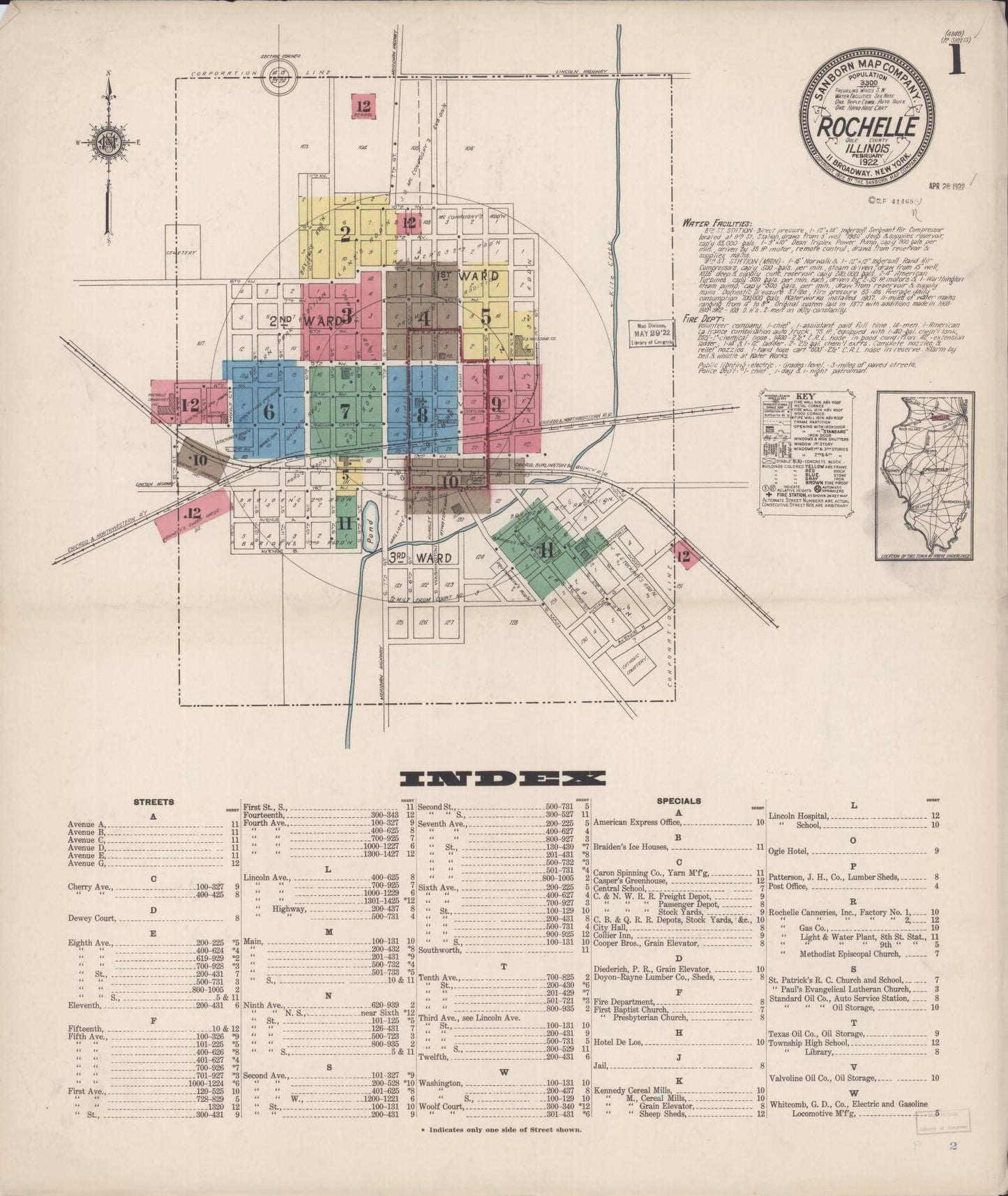 Sanborn Fire Insurance Map from Rochelle, Ogle County, Illinois (1922), Sheet #0001 - Historic Sanborn Fire Insurance Map Print, vintage old map wall art, antique decor, genealogy gift, Illinois Illinois map
