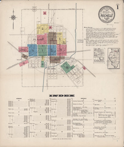Sanborn Fire Insurance Map from Rochelle, Ogle County, Illinois (1922), Sheet #0001 - Historic Sanborn Fire Insurance Map Print, vintage old map wall art, antique decor, genealogy gift, Illinois Illinois map