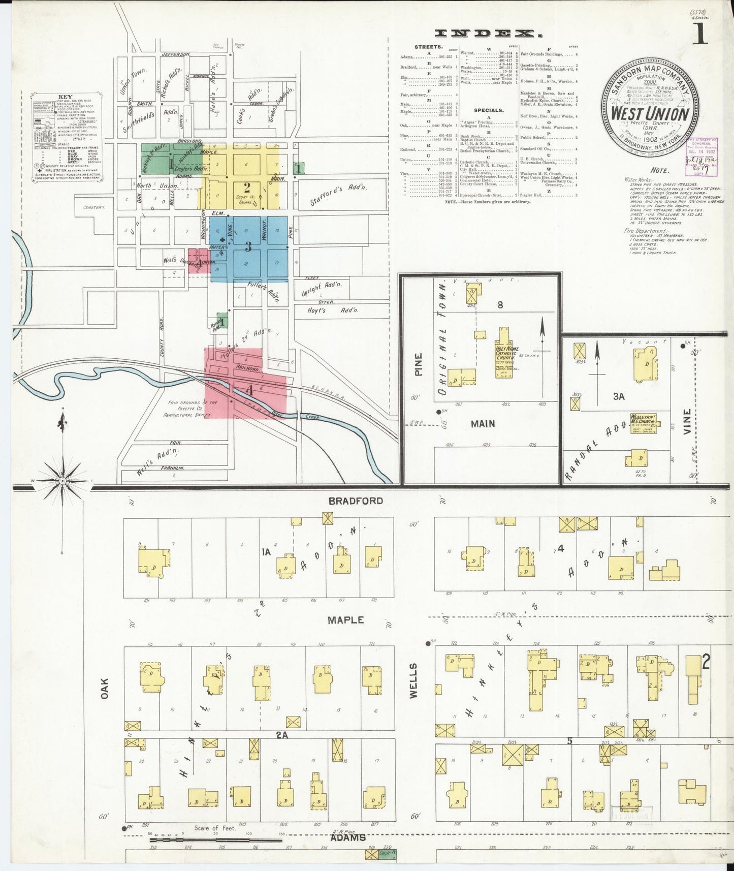 Sanborn Fire Insurance Map from West Union, Fayette County, Iowa (1902), Sheet #0001 - Historic Sanborn Fire Insurance Map Print, vintage old map wall art