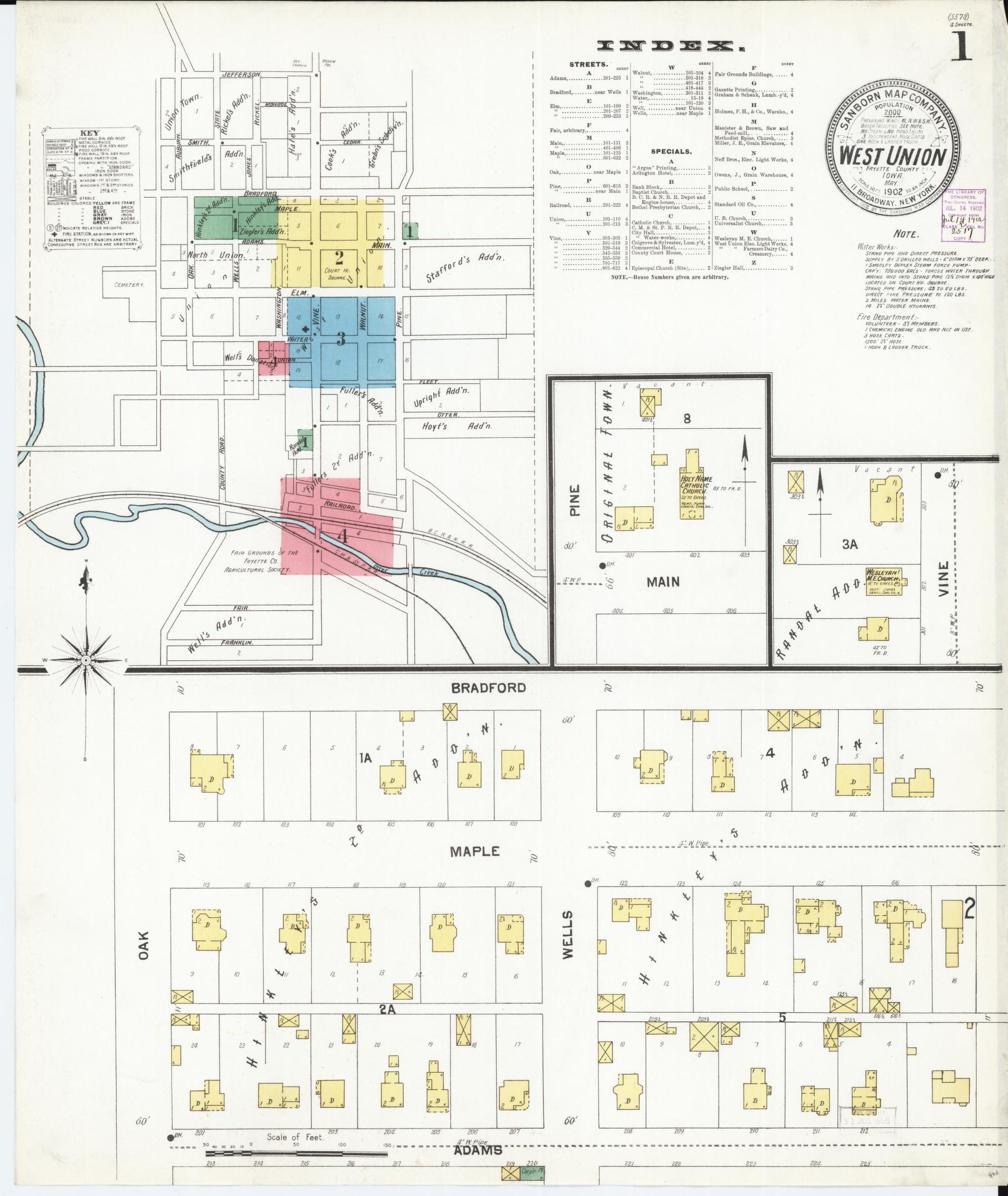 Sanborn Fire Insurance Map from West Union, Fayette County, Iowa (1902), Sheet #0001 - Historic Sanborn Fire Insurance Map Print, vintage old map wall art
