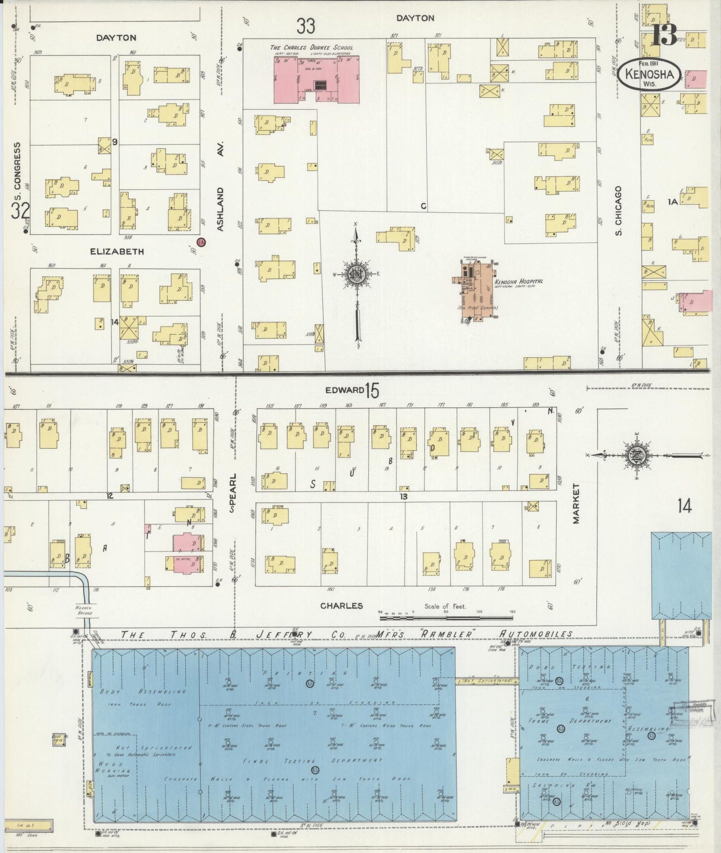 Sanborn Fire Insurance Map from Kenosha, Kenosha County, Wisconsin (1911), Sheet #0013 - Historic Sanborn Fire Insurance Map Print, vintage old map wall art, antique decor, genealogy gift, Wisconsin Wisconsin map