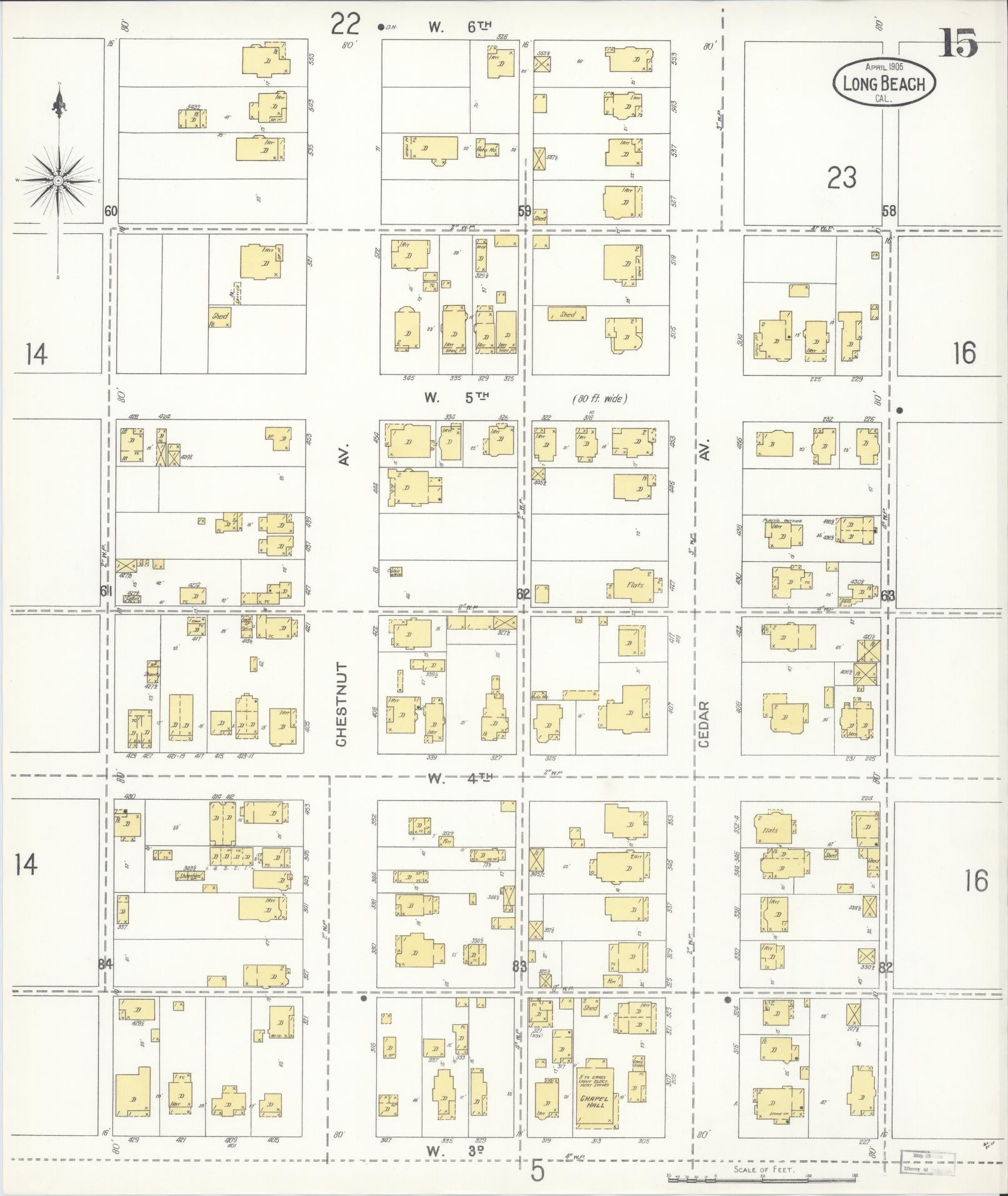 Sanborn Fire Insurance Map from Long Beach, Los Angeles County, California (1905), Sheet #0015 - Historic Sanborn Fire Insurance Map Print, vintage old map wall art, antique decor, genealogy gift, California California map
