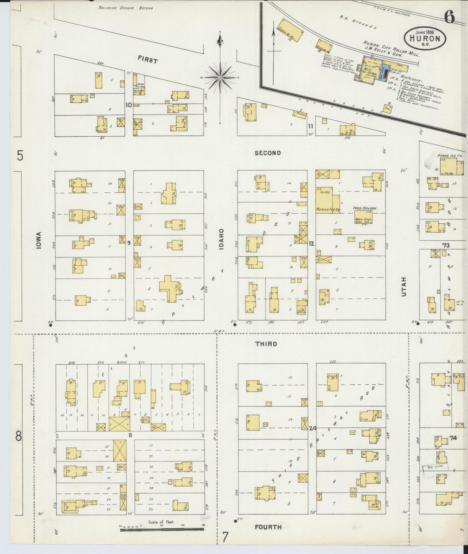 Sanborn Fire Insurance Map from Huron, Beadle County, South Dakota (1898), Sheet #0006 - Historic Sanborn Fire Insurance Map Print, vintage old map wall art, antique decor, genealogy gift, South Dakota South Dakota map