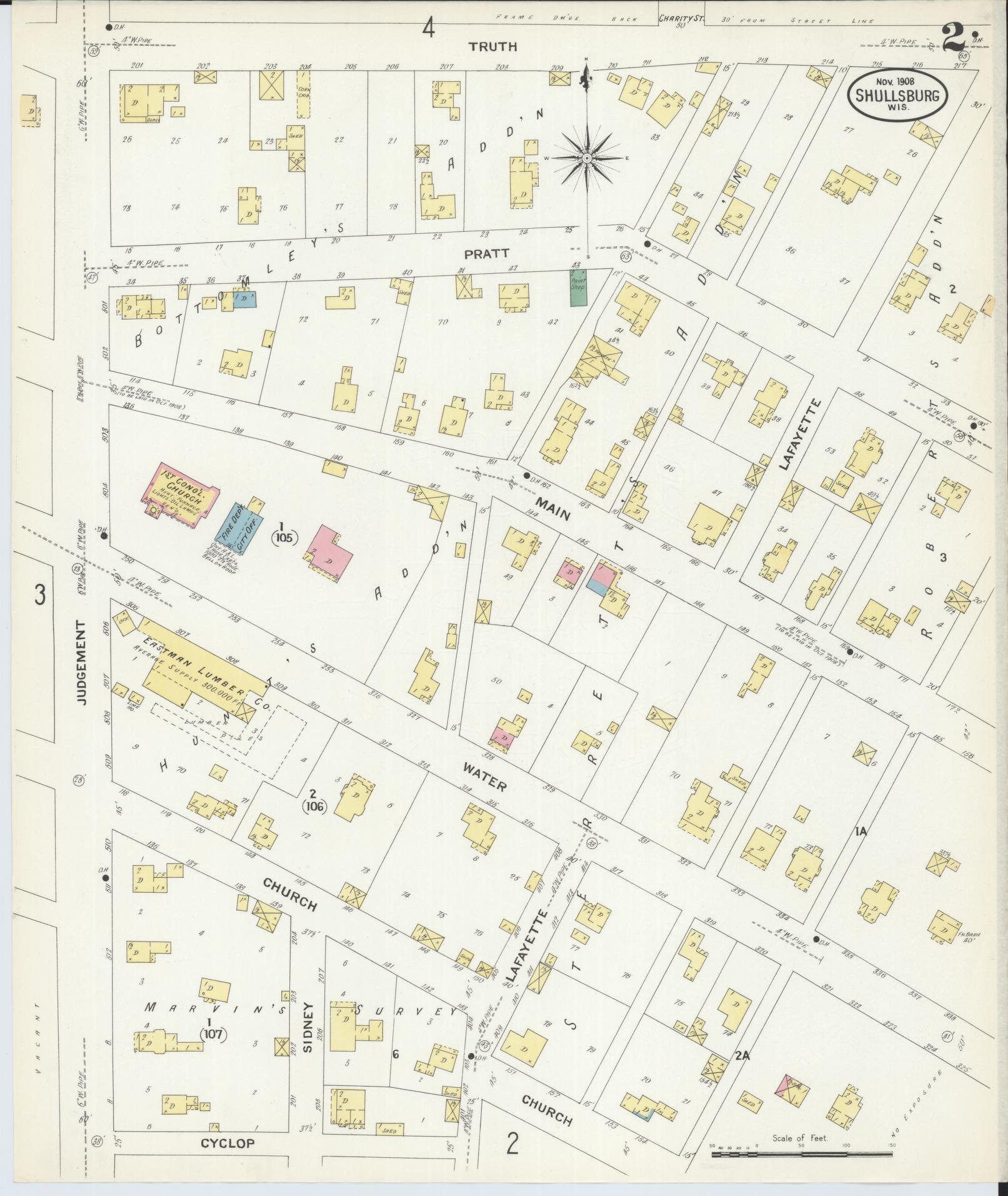 Sanborn Fire Insurance Map from Shullsburg, Lafayette County, Wisconsin (1908), Sheet #0002 - Historic Sanborn Fire Insurance Map Print, vintage old map wall art, antique decor, genealogy gift, Wisconsin Wisconsin map
