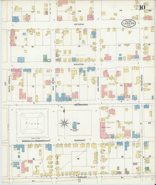 Sanborn Fire Insurance Map from Laredo, Webb County, Texas (1905), Sheet #0010 - Historic Sanborn Fire Insurance Map Print, vintage old map wall art, antique decor, genealogy gift, Texas Texas map