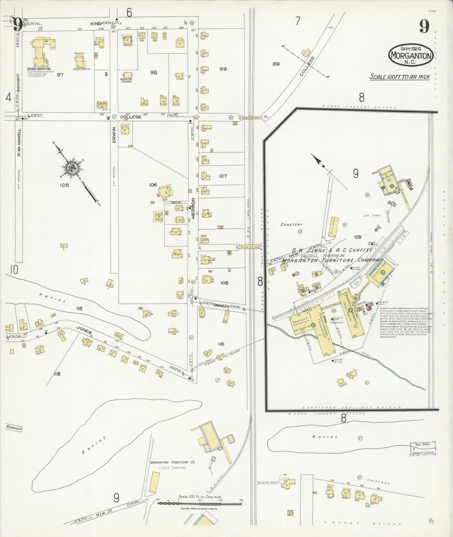 Sanborn Fire Insurance Map from Morganton, Burke County, North Carolina (1924), Sheet #0009 - Historic Sanborn Fire Insurance Map Print, vintage old map wall art, antique decor, genealogy gift, North Carolina North Carolina map