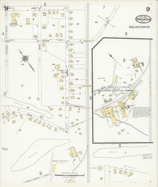 Sanborn Fire Insurance Map from Morganton, Burke County, North Carolina (1924), Sheet #0009 - Historic Sanborn Fire Insurance Map Print, vintage old map wall art, antique decor, genealogy gift, North Carolina North Carolina map