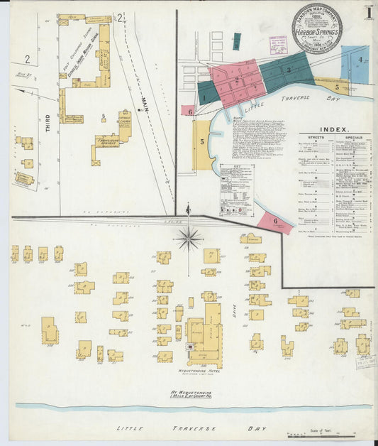 Sanborn Fire Insurance Map from Harbor Springs, Emmet County, Michigan (1906), Sheet #0001 - Historic Sanborn Fire Insurance Map Print, vintage old map wall art, antique decor, genealogy gift, Michigan Michigan map