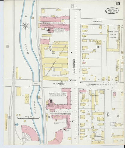 Sanborn Fire Insurance Map from Jackson, Jackson County, Michigan (1893), Sheet #0015 - Historic Sanborn Fire Insurance Map Print, vintage old map wall art, antique decor, genealogy gift, Michigan Michigan map