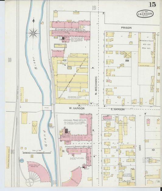 Sanborn Fire Insurance Map from Jackson, Jackson County, Michigan (1893), Sheet #0015 - Historic Sanborn Fire Insurance Map Print, vintage old map wall art, antique decor, genealogy gift, Michigan Michigan map