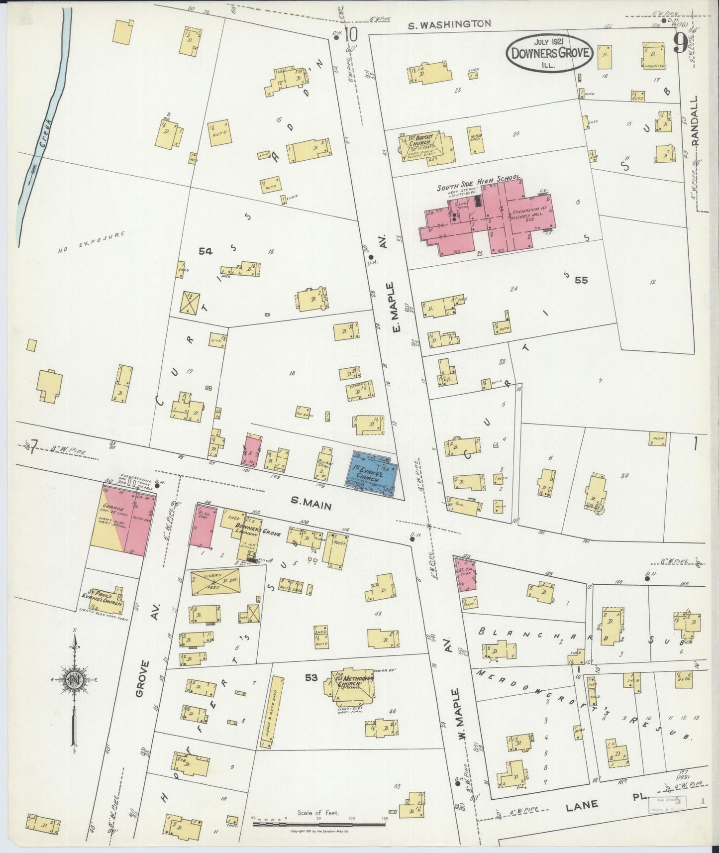Sanborn Fire Insurance Map from Downers Grove, Dupage County, Illinois (1921), Sheet #0009 - Complete Map Set gallery image, historic Sanborn map, vintage wall art, Illinois Illinois