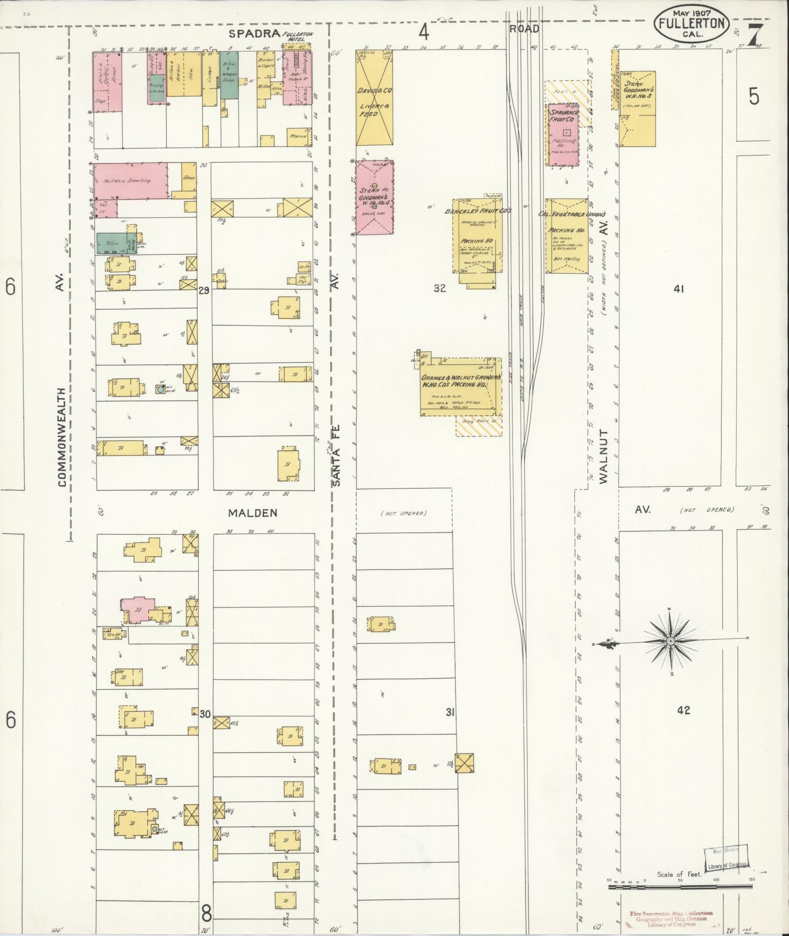 Sanborn Fire Insurance Map from Fullerton, Orange County, California (1907), Sheet #0007 - Historic Sanborn Fire Insurance Map Print, vintage old map wall art, antique decor, genealogy gift, California California map