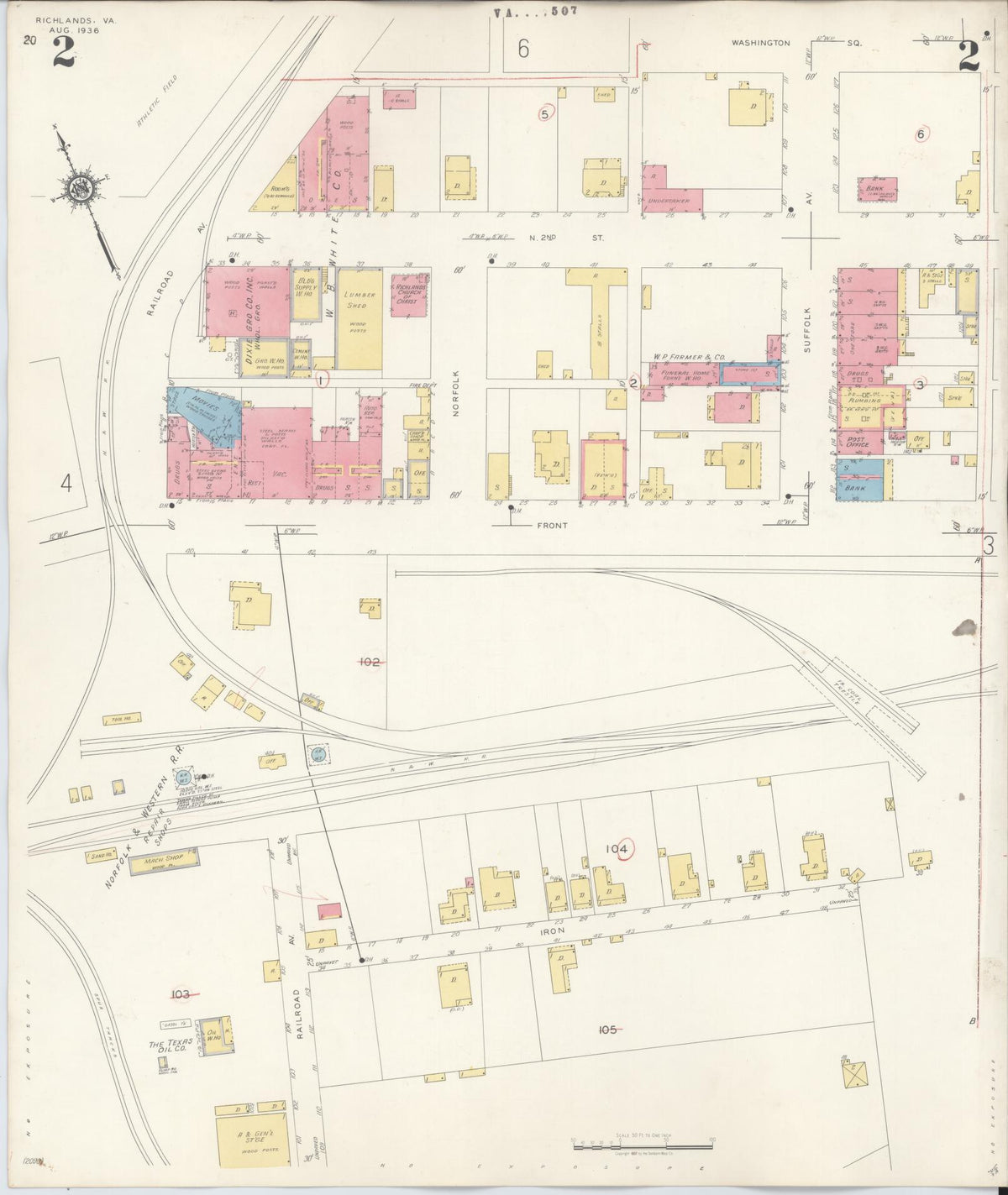 Sanborn Fire Insurance Map from Richlands, Tazewell County, Virginia (1936), Sheet #0002 - Historic Sanborn Fire Insurance Map Print, vintage old map wall art, antique decor, genealogy gift, Virginia Virginia map