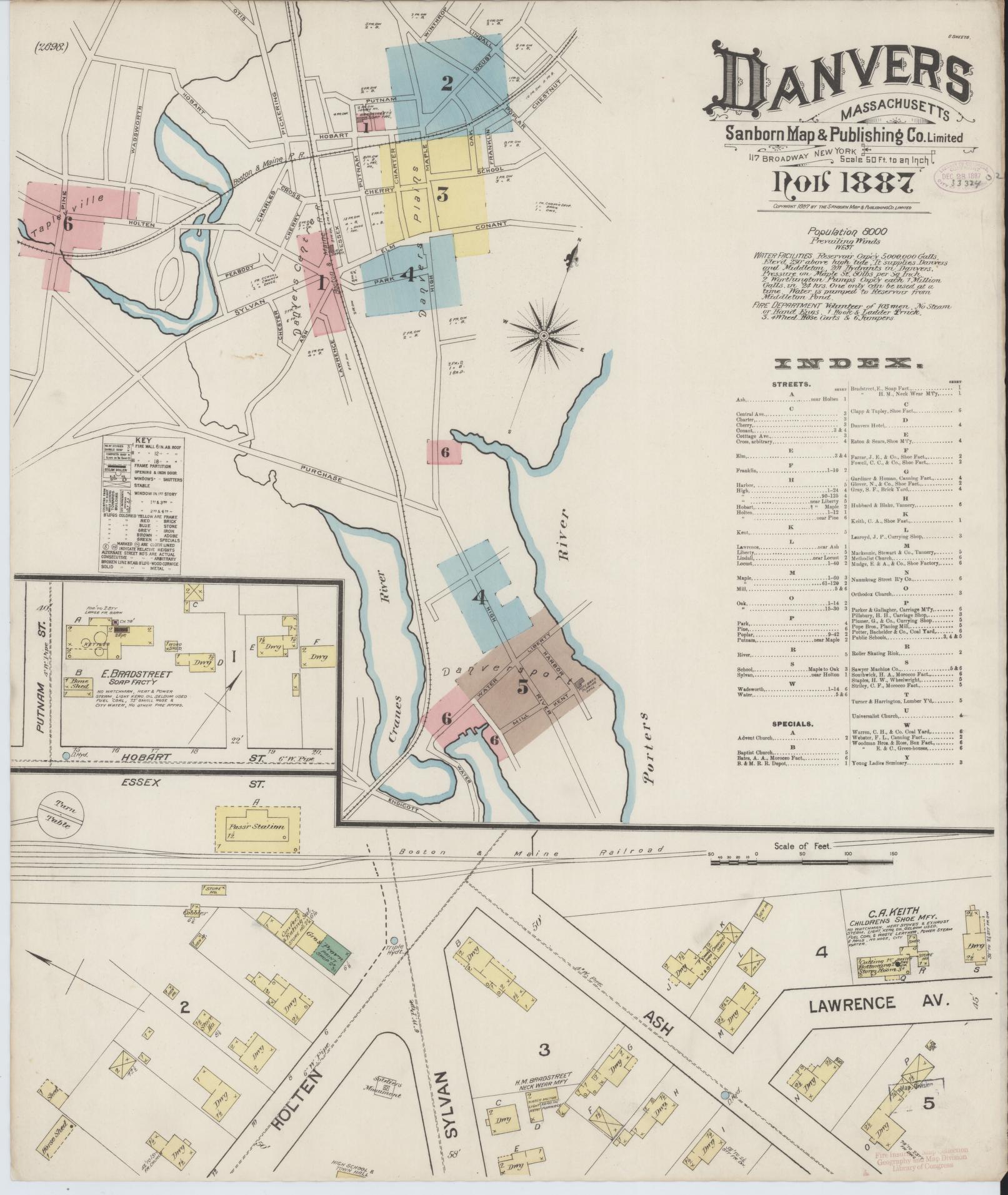 Sanborn Fire Insurance Map from Danvers, Essex County, Massachusetts (1887), Sheet #0001 - Complete Map Set gallery image, historic Sanborn map, vintage wall art, Massachusetts Massachusetts