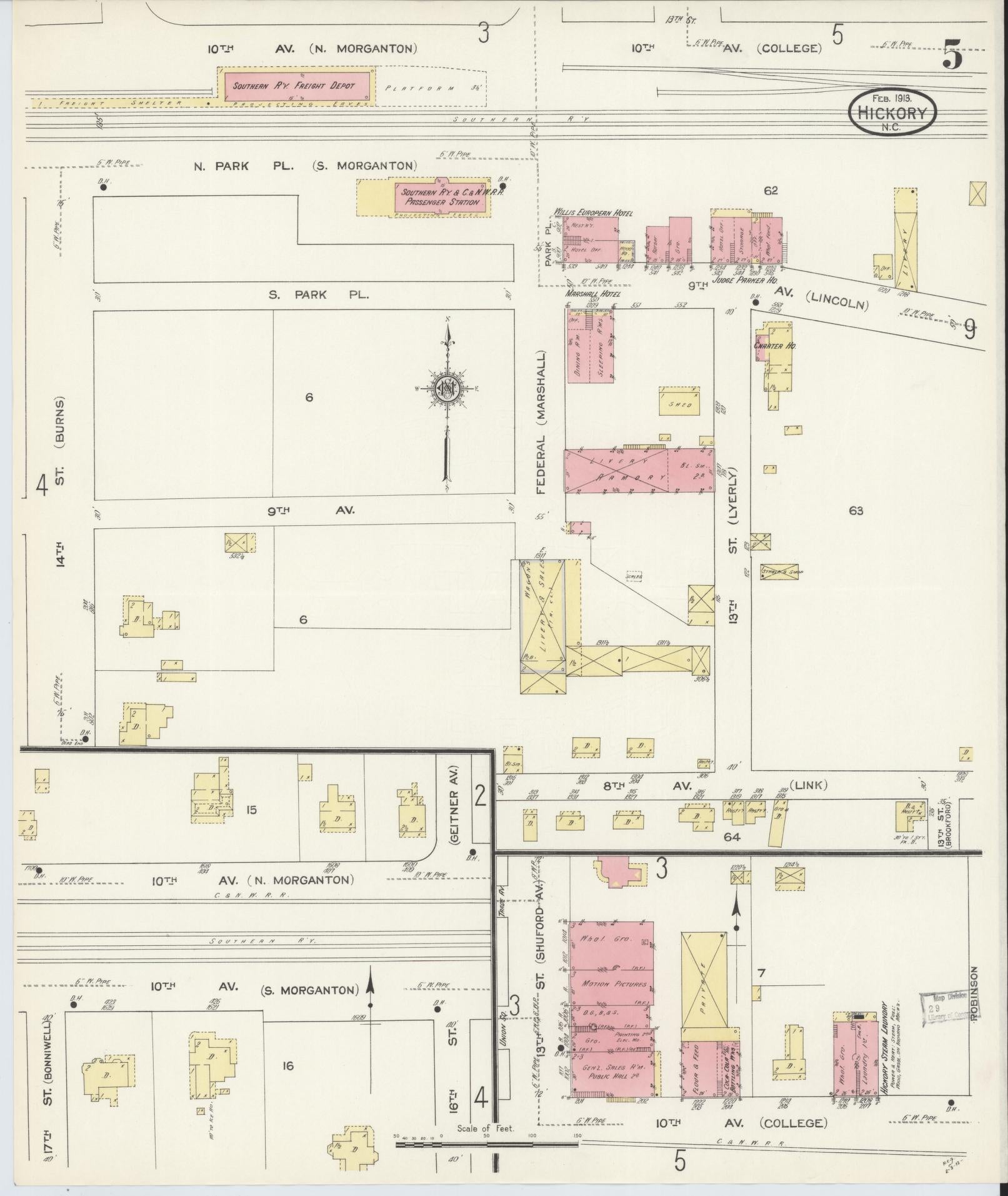 Sanborn Fire Insurance Map from Hickory, Catawba County, North Carolina (1913), Sheet #0005 - Historic Sanborn Fire Insurance Map Print, vintage old map wall art, antique decor, genealogy gift, North Carolina North Carolina map