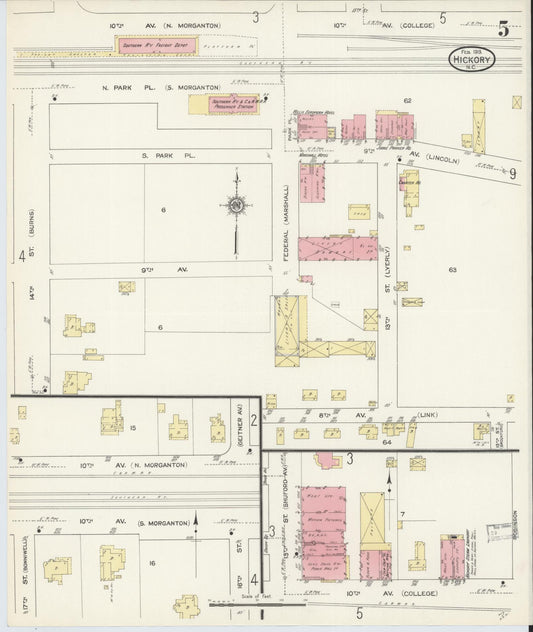 Sanborn Fire Insurance Map from Hickory, Catawba County, North Carolina (1913), Sheet #0005 - Historic Sanborn Fire Insurance Map Print, vintage old map wall art, antique decor, genealogy gift, North Carolina North Carolina map