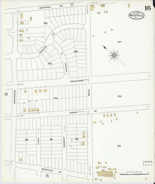 Sanborn Fire Insurance Map from Westfield, Union County, New Jersey (1909), Sheet #0016 - Historic Sanborn Fire Insurance Map Print, vintage old map wall art, antique decor, genealogy gift, New Jersey New Jersey map