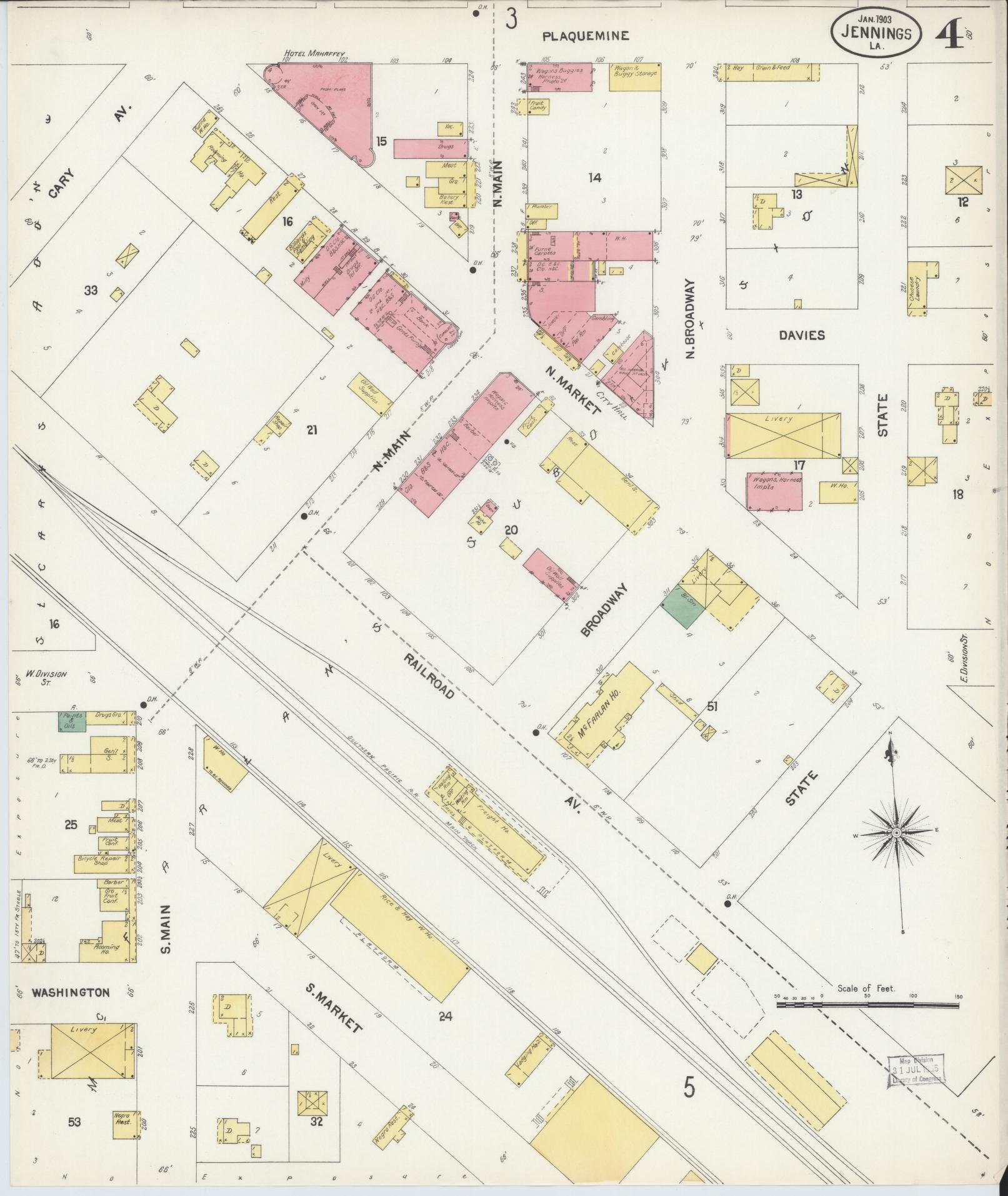 Sanborn Fire Insurance Map from Jennings, Jefferson Davis Parish, Louisiana (1903), Sheet #0004 - Historic Sanborn Fire Insurance Map Print, vintage old map wall art, antique decor, genealogy gift, Louisiana Louisiana map