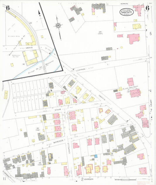 Sanborn Fire Insurance Map from Santa Fe, Santa Fe County, New Mexico (1930), Sheet #0006 - Historic Sanborn Fire Insurance Map Print, vintage old map wall art, antique decor, genealogy gift, New Mexico New Mexico map