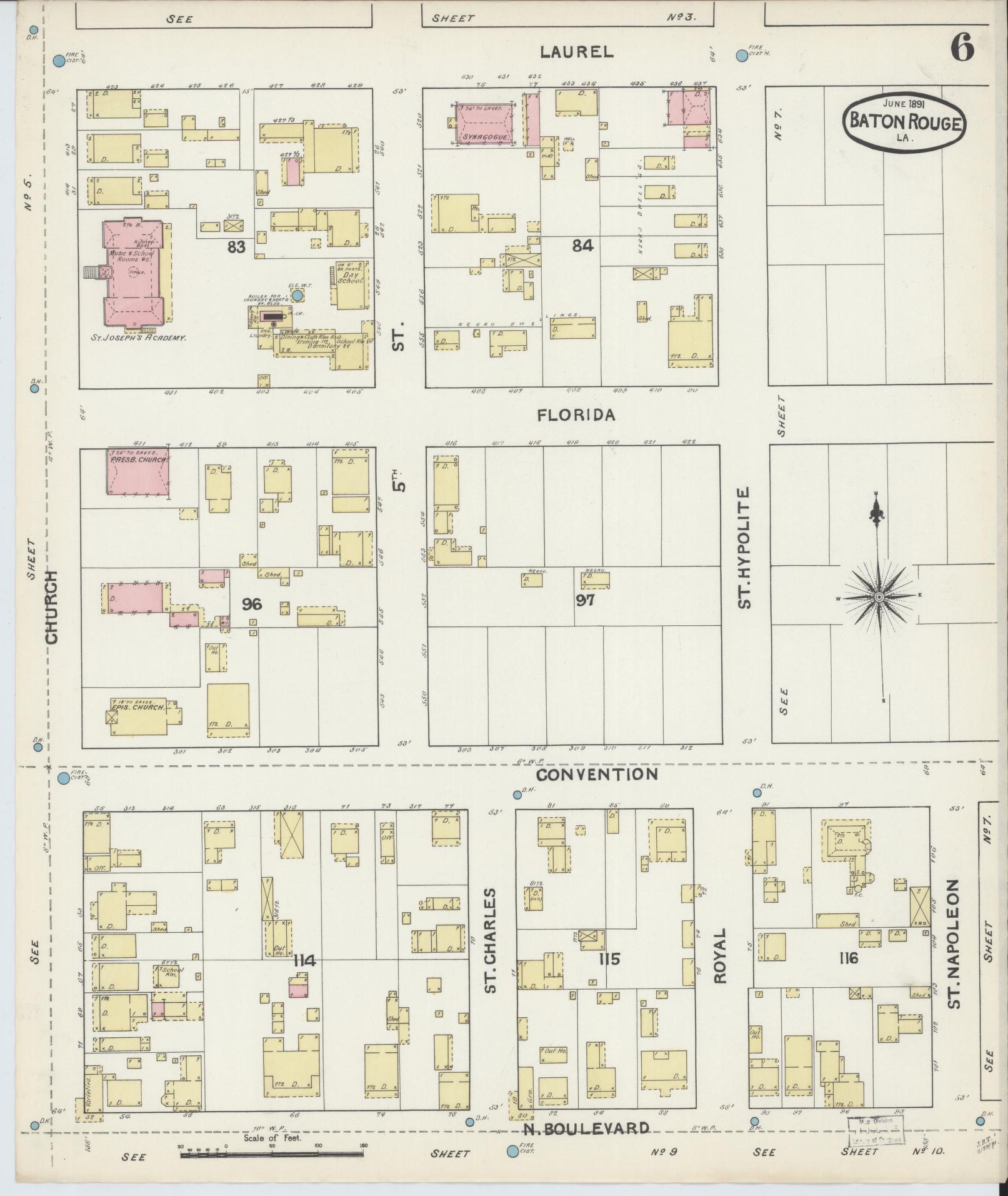 Sanborn Fire Insurance Map from Baton Rouge, East Baton Rouge Parish, Louisiana (1891), Sheet #0006 - Complete Map Set gallery image, historic Sanborn map, vintage wall art, Louisiana Louisiana