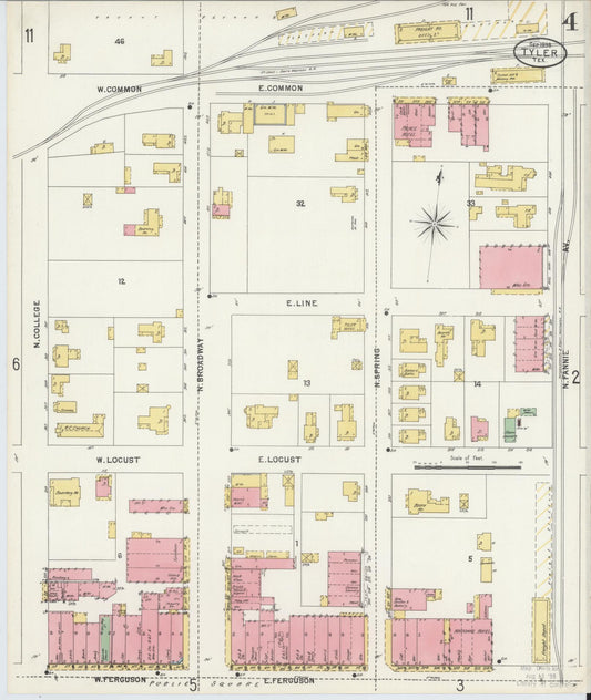 Sanborn Fire Insurance Map from Tyler, Smith County, Texas (1898), Sheet #0004 - Historic Sanborn Fire Insurance Map Print, vintage old map wall art, antique decor, genealogy gift, Texas Texas map